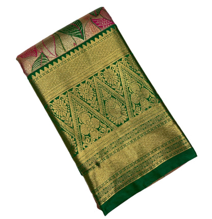 Pink & Green Leaf Soft Kanchi Tissue Pattu Saree with Green border