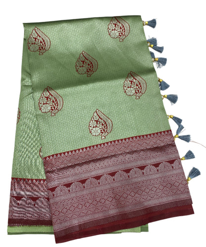 Art Silk Saree Pista Green Colour with Maroon Border