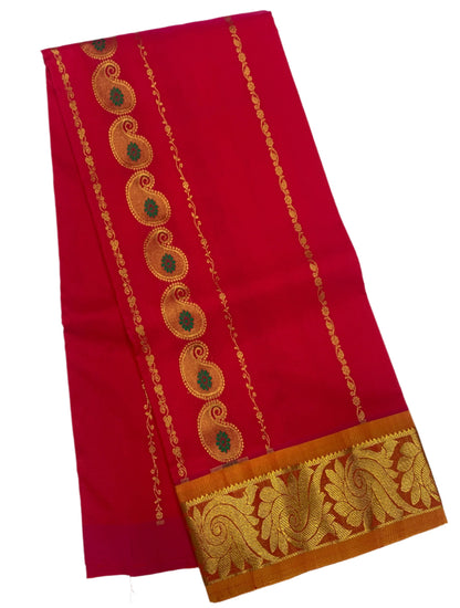 Pinkish Red shade Semi silk Kids Pattu Pavadai with Contrast border for age 5 to 10