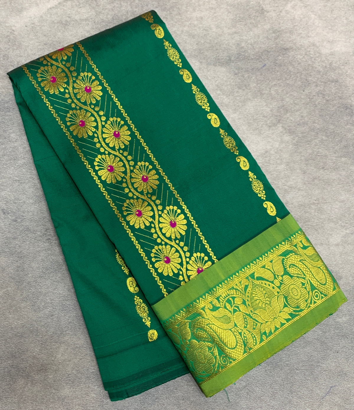 Emerald Green Shade Semi Silk Kids Pattu Pavadai with Contrast border for Age 2 to 5 Years