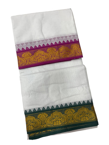 9X5 Cotton Dhoti White Purple and Green Border with Angavastram