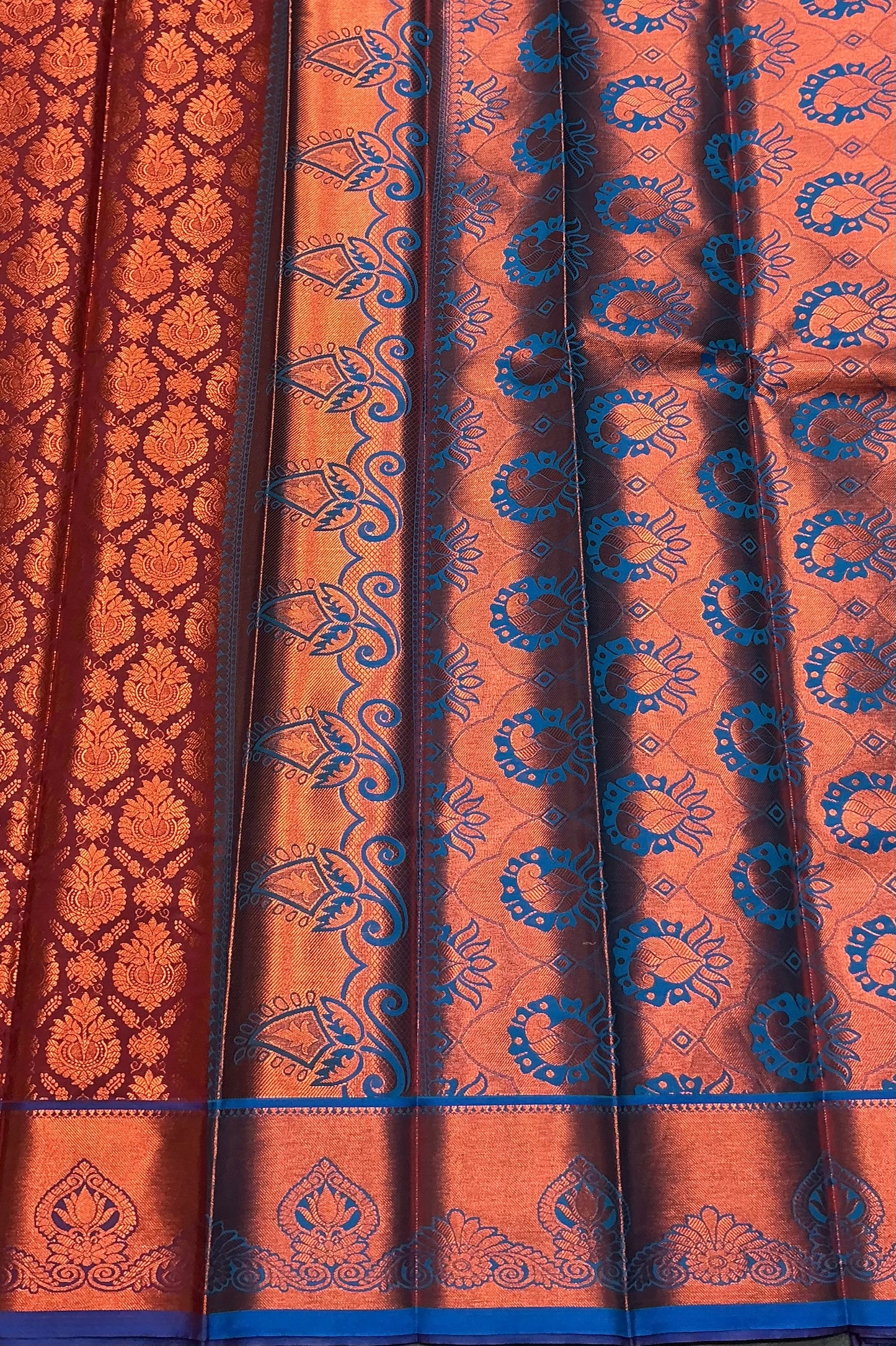Vegan Silk Saree Dark Maroon Colour with Copper and Blue Border