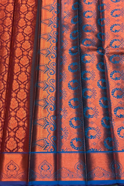 Vegan Silk Saree Dark Maroon Colour with Copper and Blue Border