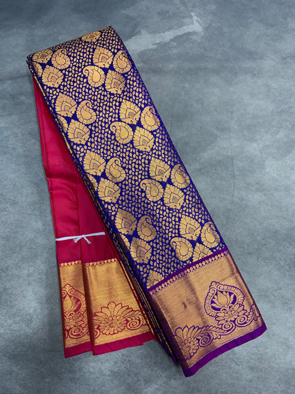 Vegan Silk Saree Blue Colour with Copper and Magenta Border