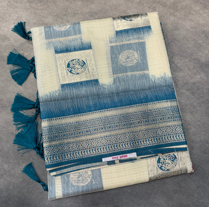 Banaras Katan Saree Off White Colour with Peacock Blue Katan Work Border