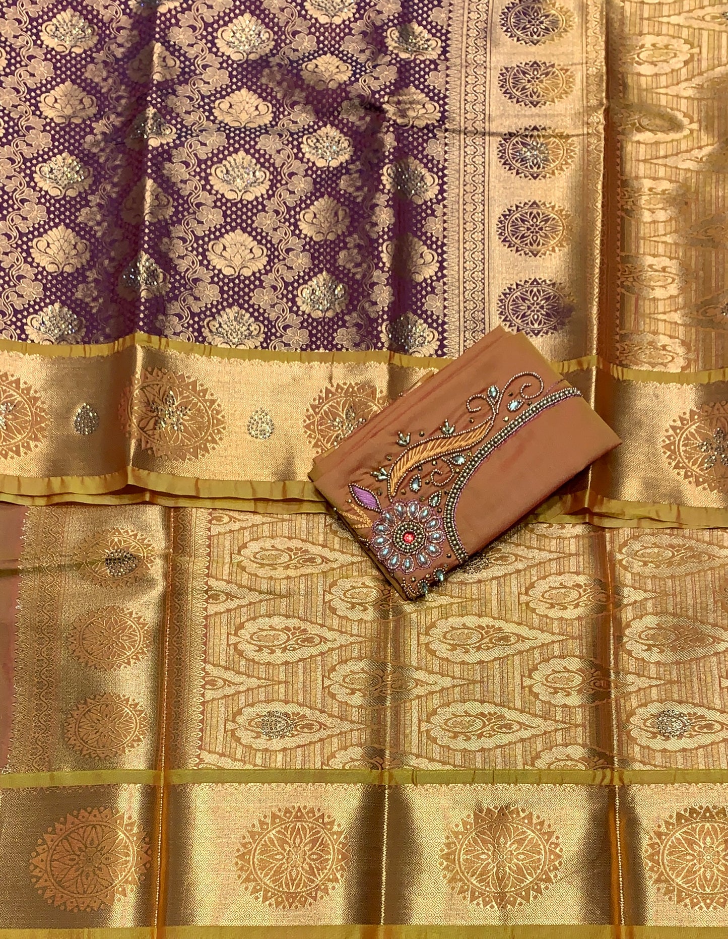 Bridal Vegan Silk Saree Maroon Colour with Golden Yellow Border with Unstitched blouse in Aari Work