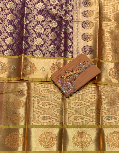 Bridal Vegan Silk Saree Maroon Colour with Golden Yellow Border with Unstitched blouse in Aari Work