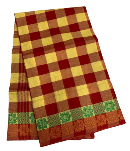 Chettinad Cotton Saree Yellow and Red Colour with Checked Design