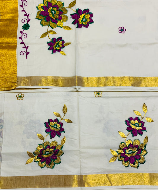 Kerala Cotton Saree Cream Colour with Floral Work Design