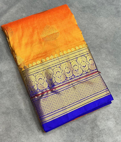Pure Kanchipuram Silk Mango Yellow Colour with Blue Border