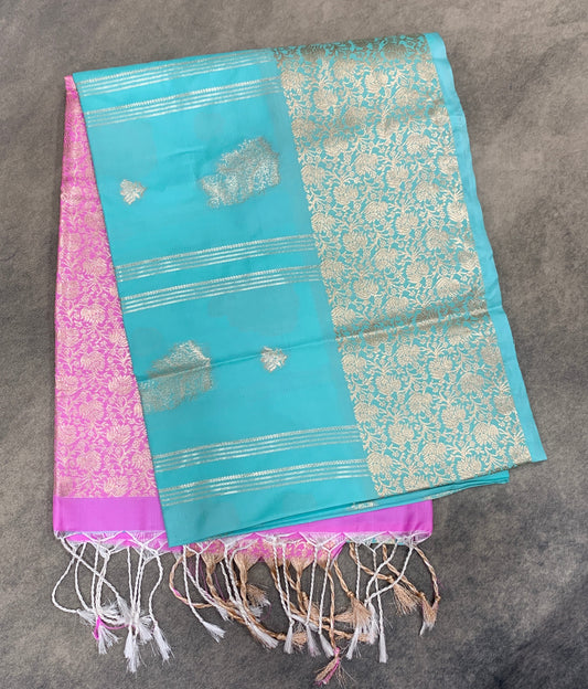 Art Silk Saree Sapphire Colour with Sliver Zari Border