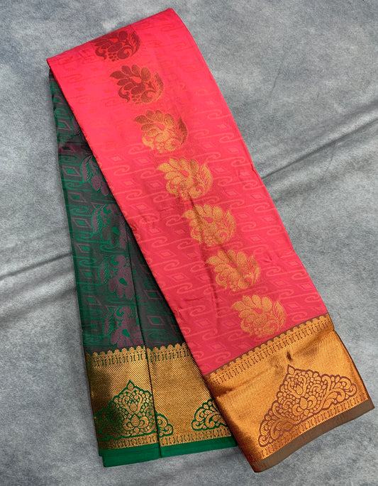 Vegan Silk Saree Peach Colour Saree with Copper Border