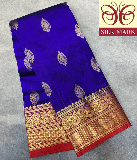 Pure Kanchipuram Silk Blue Colour with Red Colour Border