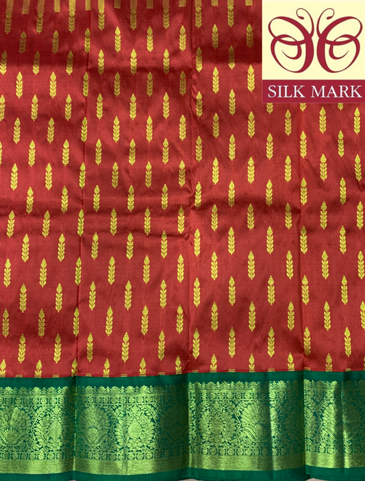 Red Shade Pure kanchipuram Kids Pattu Pavadai with Contrast Border for Newborn to 2 Years