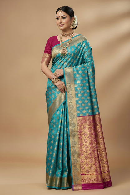 Vegan Silk Saree Peacock Green Colour with Pink and Copper Border