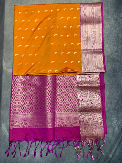 Art Silk Saree Mango Yellow Colour with Pink Colour Border
