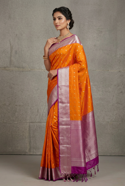 Art Silk Saree Mango Yellow Colour with Pink Colour Border
