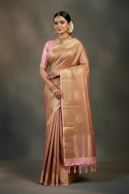 Pure Kanchipuram Silk Saree Dual Colour Shade with Light Pink Colour Shade Border