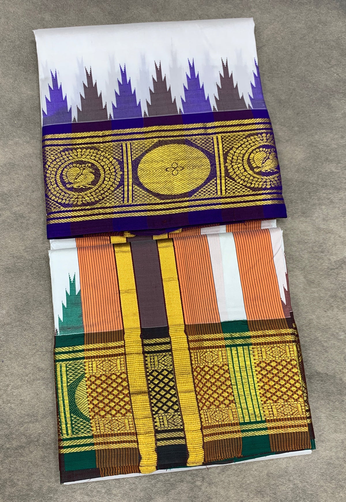 6 Mulam Silk Pooja Towel White Colour with Ganga Jamuna Korvai Border