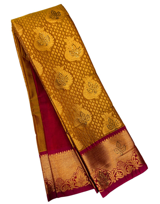 Vegan Silk Saree Golden Yellow Colour with Copper and Pink Border