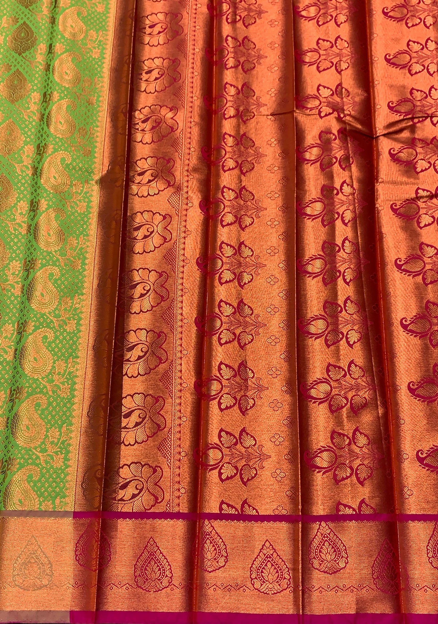Vegan Silk Saree Light Green Colour with Pink and Copper Border