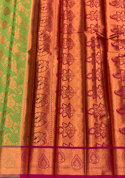 Vegan Silk Saree Light Green Colour with Pink and Copper Border