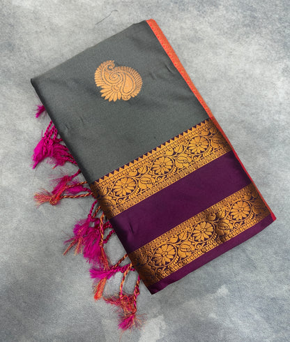 Soft Vegan Silk Saree Gray Colour with Rettai Pettu Border