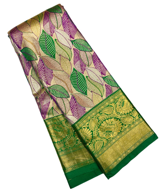 Purple & Green Leaf Soft Kanchi Tissue Pattu Saree with Green border