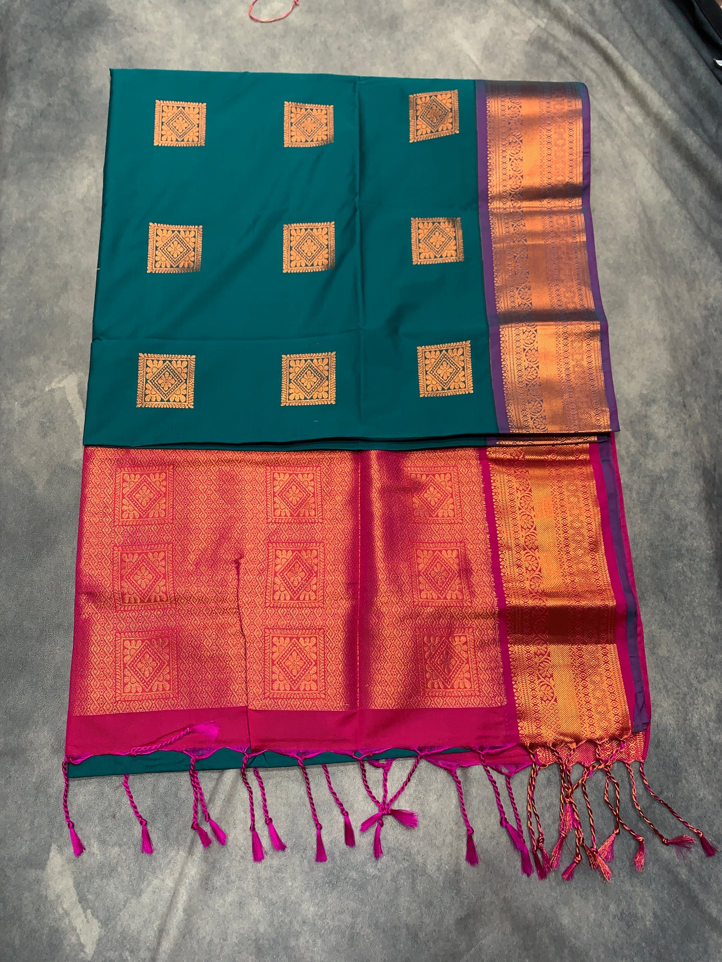 Soft Vegan Silk Saree Rama Green Colour with Pink and Copper Border