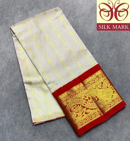 Ivory Shade Pure Kanchipuram Kids Pattu Pavadai with Contrast Border for Newborn to 2 Years