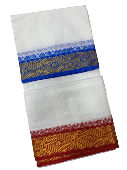 9X5 Cotton Dhoti White Blue and Red Border with Angavastram