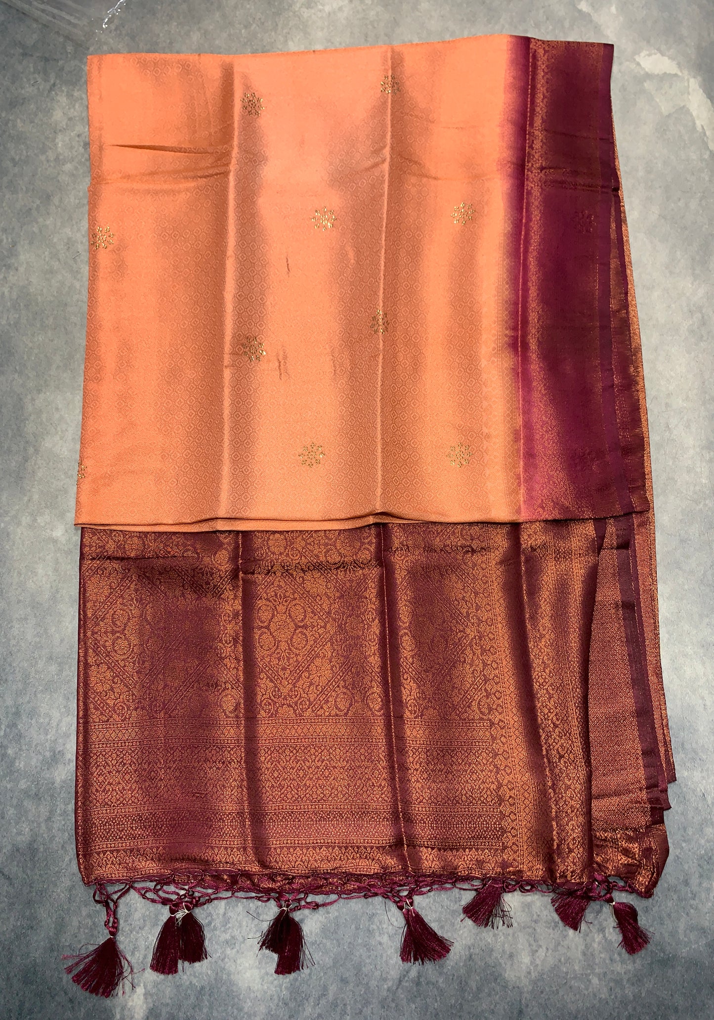Soft Silk Saree Peach Colour and Stone Work with Brown Colour Pallu