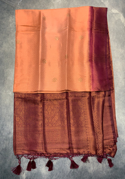 Soft Silk Saree Peach Colour and Stone Work with Brown Colour Pallu