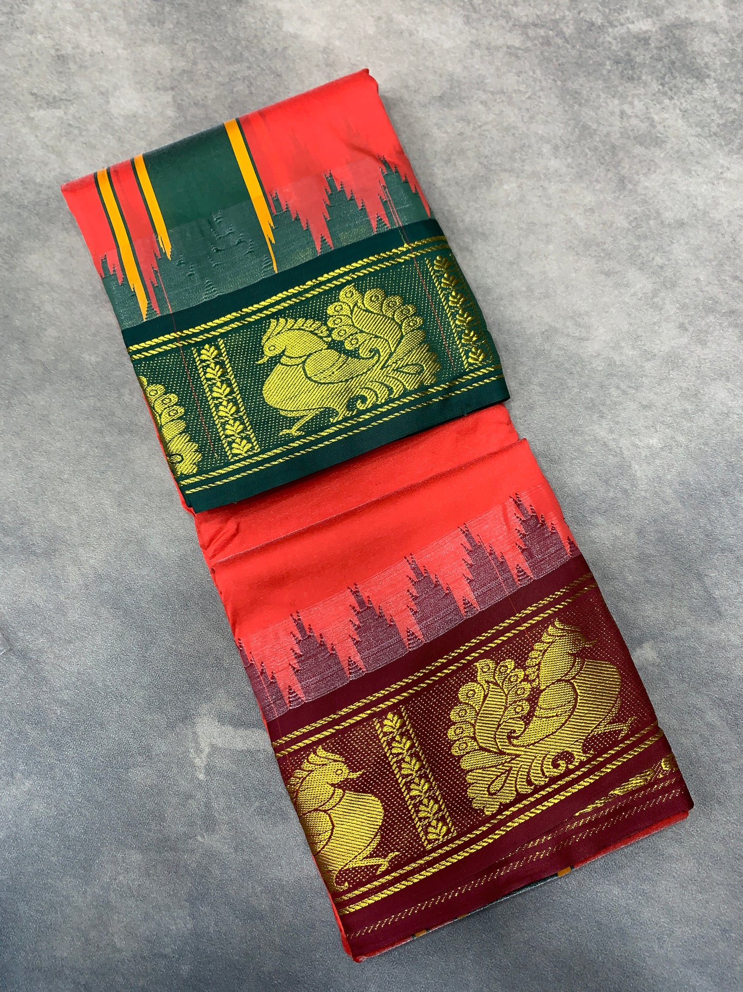 Art Silk Dhothi 9X5 Red Colour with Green and Maroon Colour Ganga Jamuna Border