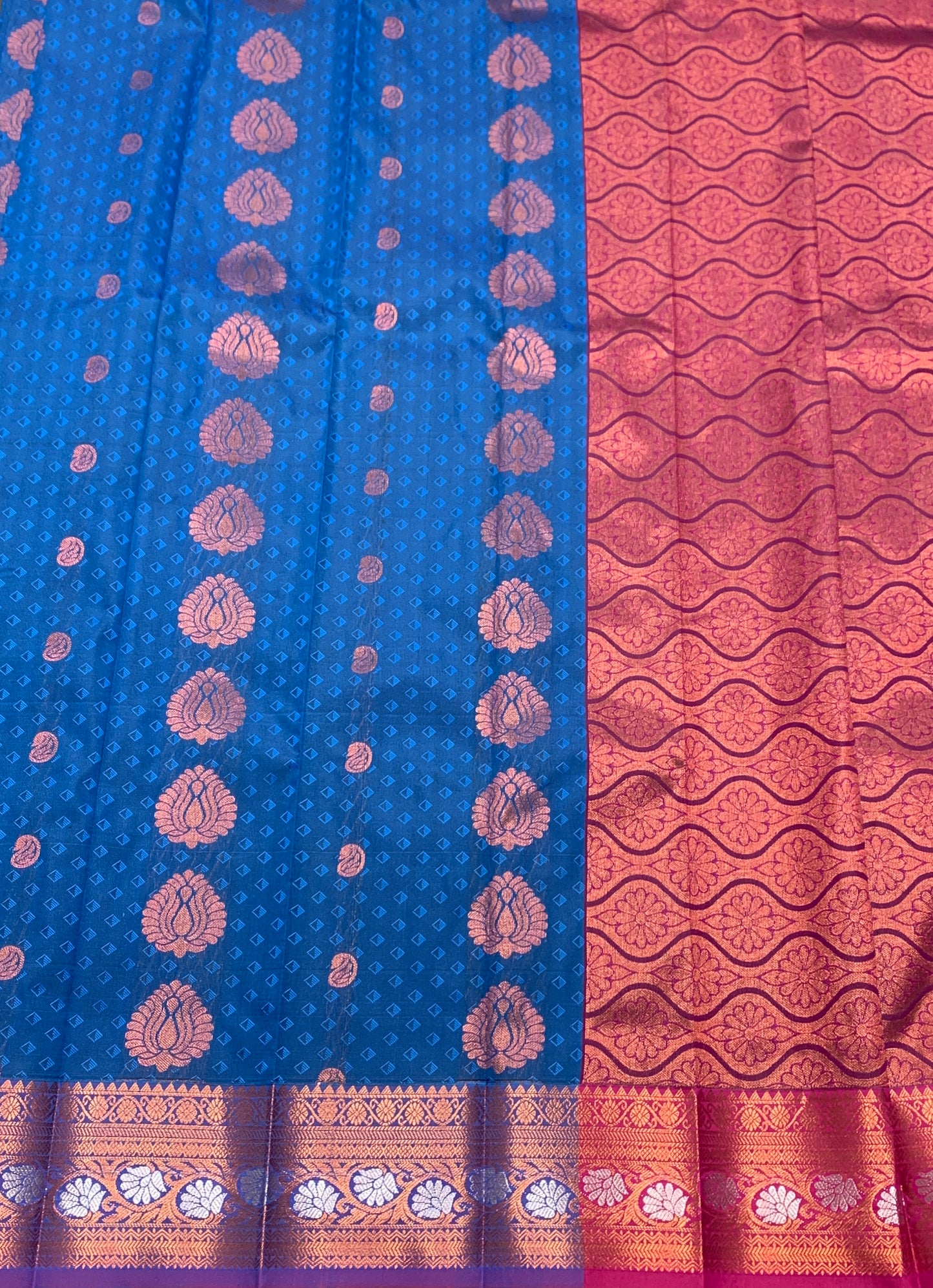 Vegan Silk Saree Aqua Blue Colour Saree with Copper and Floral Design