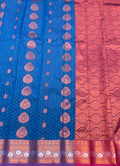 Vegan Silk Saree Aqua Blue Colour Saree with Copper and Floral Design