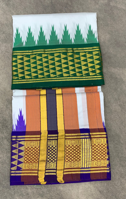 6 Mulam Silk Pooja Towel White Colour with Ganga Jamuna Korvai Border