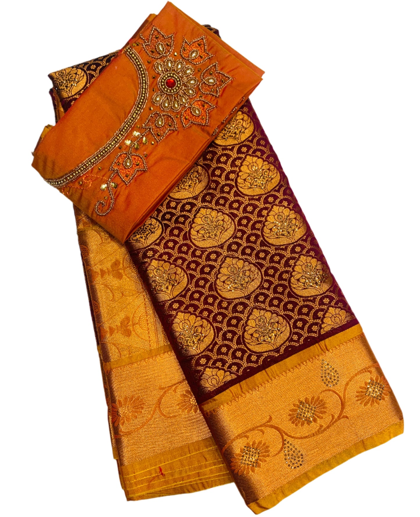 Bridal Vegan Silk Saree Brown shade with Mustard Border with Unstitched blouse in Aari work