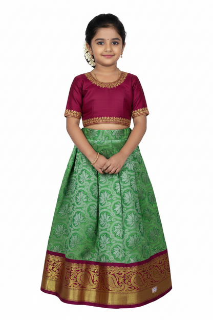 Light Green Shade Vegan Silk Kids Pattu Pavadai with Contrast Border for Newborn to 2 Years