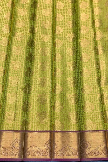 Vegan Silk Saree Lime Green Colour with Pink and Copper Border