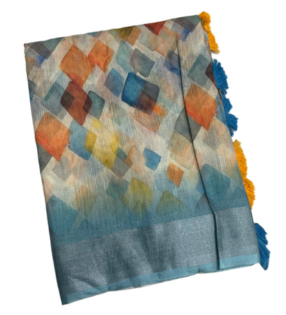 Jute Cotton Saree Sky Blue Shade with Thread Border