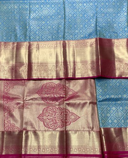 Fancy Tissue Saree Rama Blue Colour with Red Colour Border