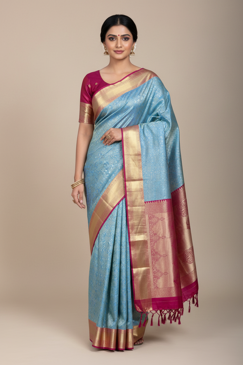 Fancy Tissue Saree Rama Blue Colour with Red Colour Border