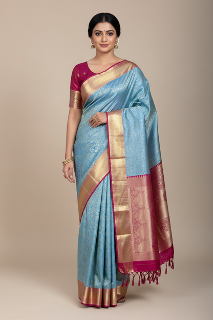 Fancy Tissue Saree Rama Blue Colour with Red Colour Border