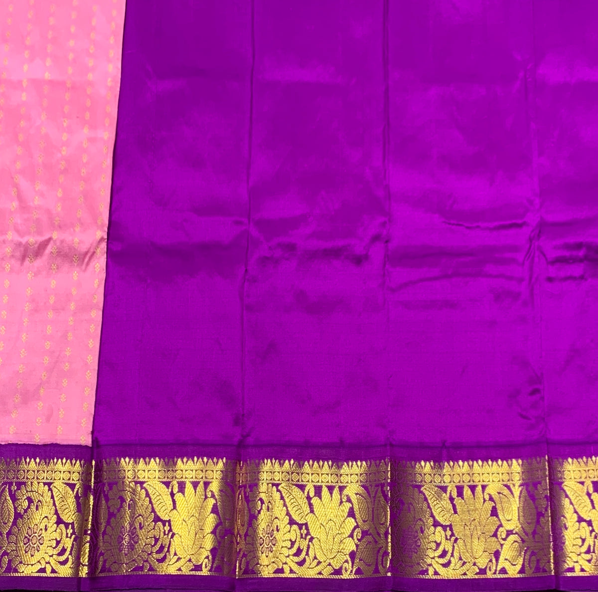 Lotus Pink Shade Pure Kanchipuram Kids Pattu Pavadai with Contrast Border for Newborn to 2 Years
