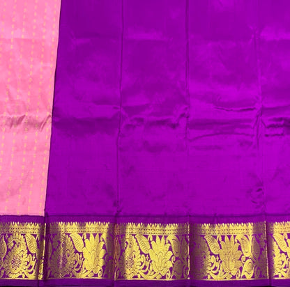 Lotus Pink Shade Pure Kanchipuram Kids Pattu Pavadai with Contrast Border for Newborn to 2 Years