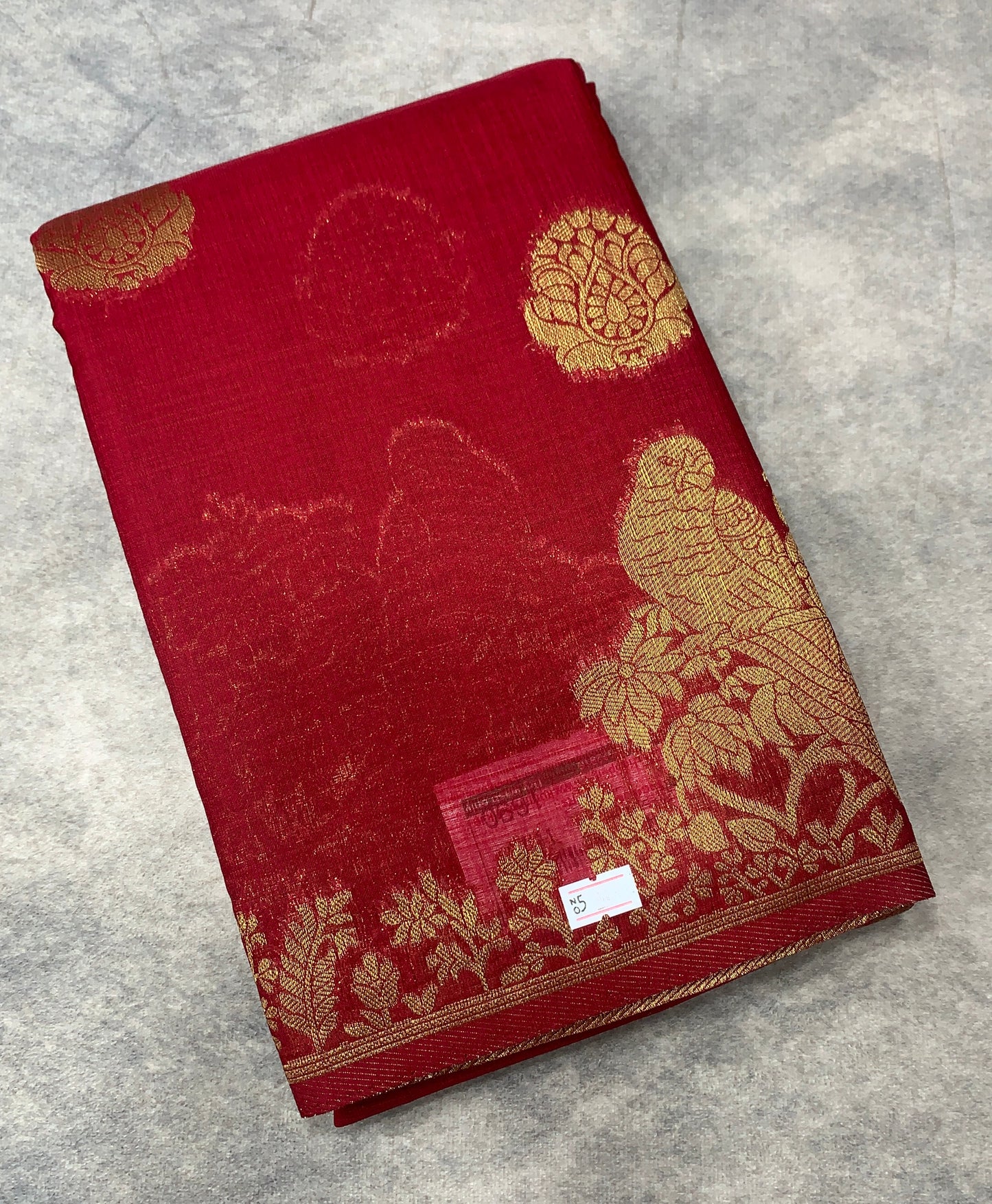 Kora Silk Saree Red Colour with Flower and Parrot Design Border