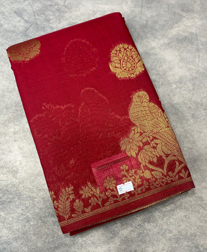 Kora Silk Saree Red Colour with Flower and Parrot Design Border