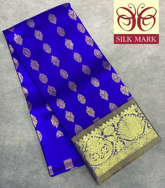 Ink Blue Shade Pure Kanchipuram Kids Pattu Pavadai with Contrast Border for Newborn to 2 Years