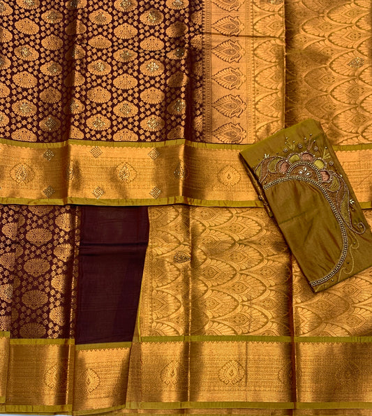 Bridal Vegan Silk Saree Brown shade with Mustard Border with Unstitched blouse in Aari work